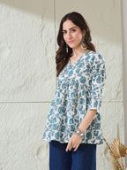 VASVI Women Cotton Printed Gather Top, Blue