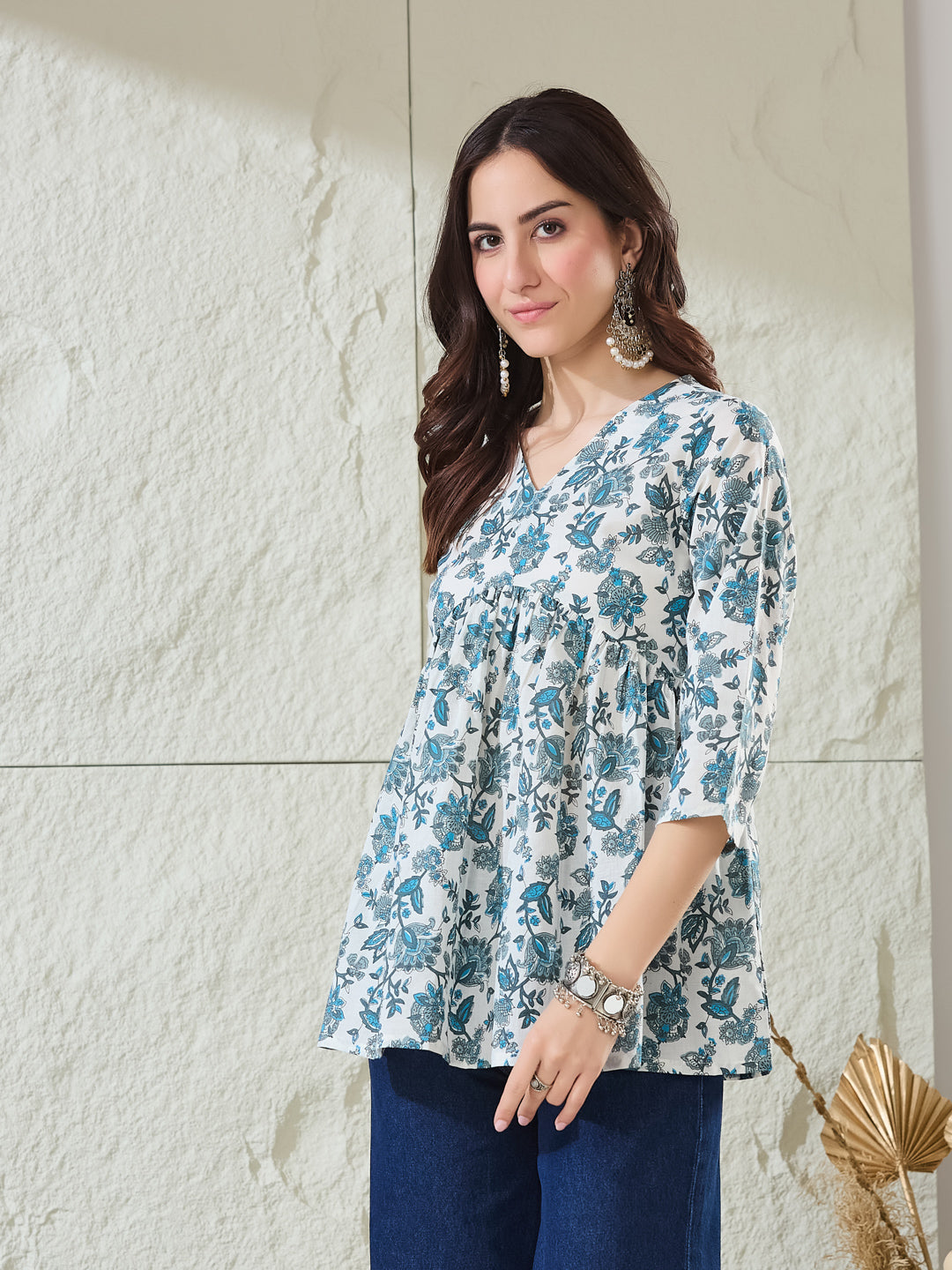 VASVI Women Cotton Printed Gather Top, Blue
