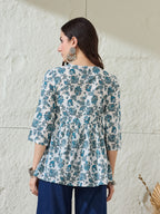 VASVI Women Cotton Printed Gather Top, Blue