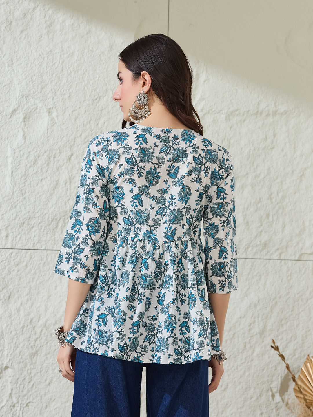 VASVI Women Cotton Printed Gather Top, Blue