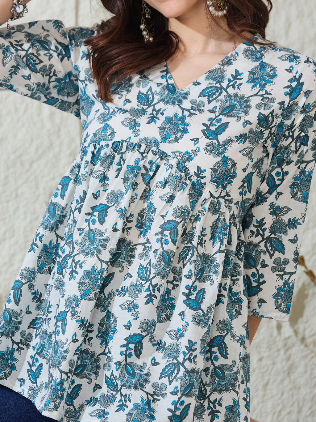 VASVI Women Cotton Printed Gather Top, Blue