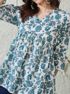 VASVI Women Cotton Printed Gather Top, Blue