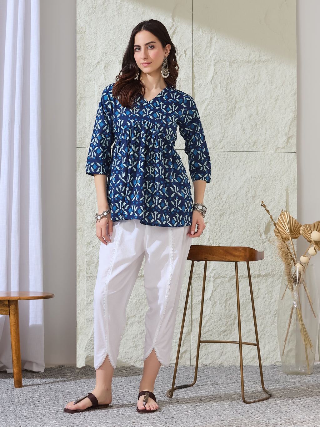 VASVI Women Cotton Printed Gather Top, Deep Blue