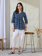 VASVI Women Cotton Printed Gather Top, Deep Blue