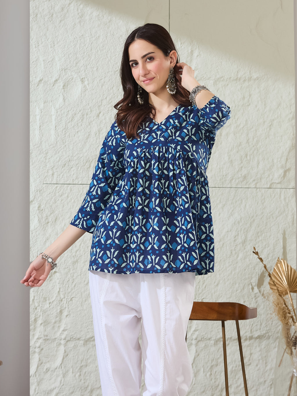 VASVI Women Cotton Printed Gather Top, Deep Blue