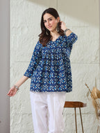 VASVI Women Cotton Printed Gather Top, Deep Blue