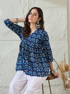 VASVI Women Cotton Printed Gather Top, Deep Blue