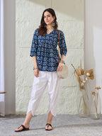 VASVI Women Cotton Printed Gather Top, Deep Blue