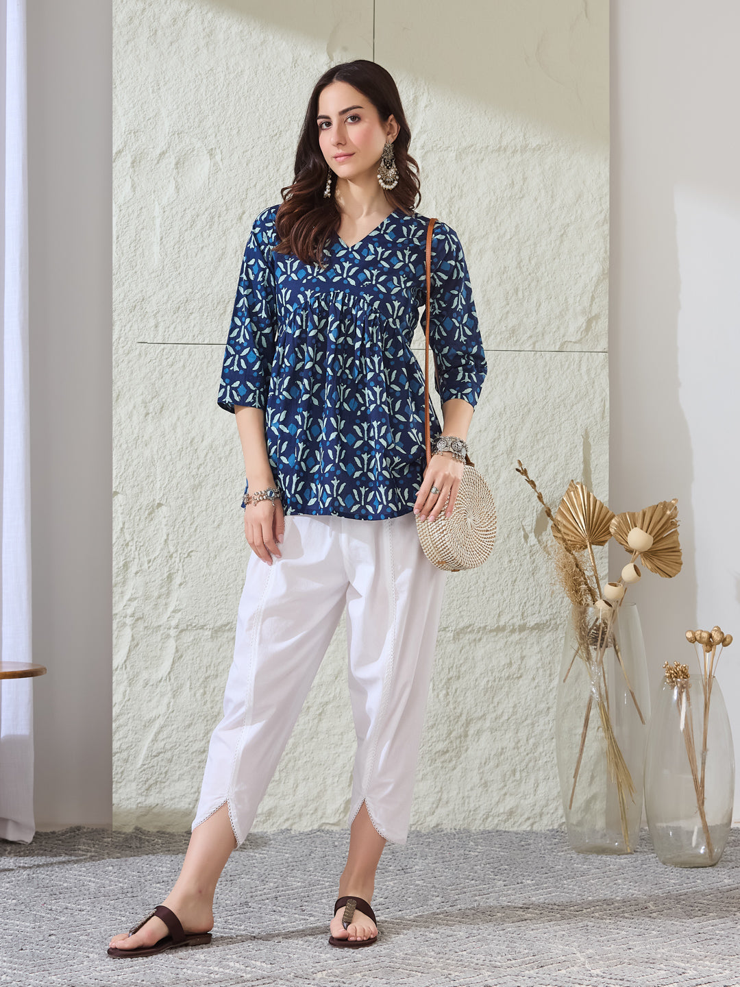 VASVI Women Cotton Printed Gather Top, Deep Blue