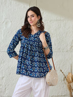 VASVI Women Cotton Printed Gather Top, Deep Blue