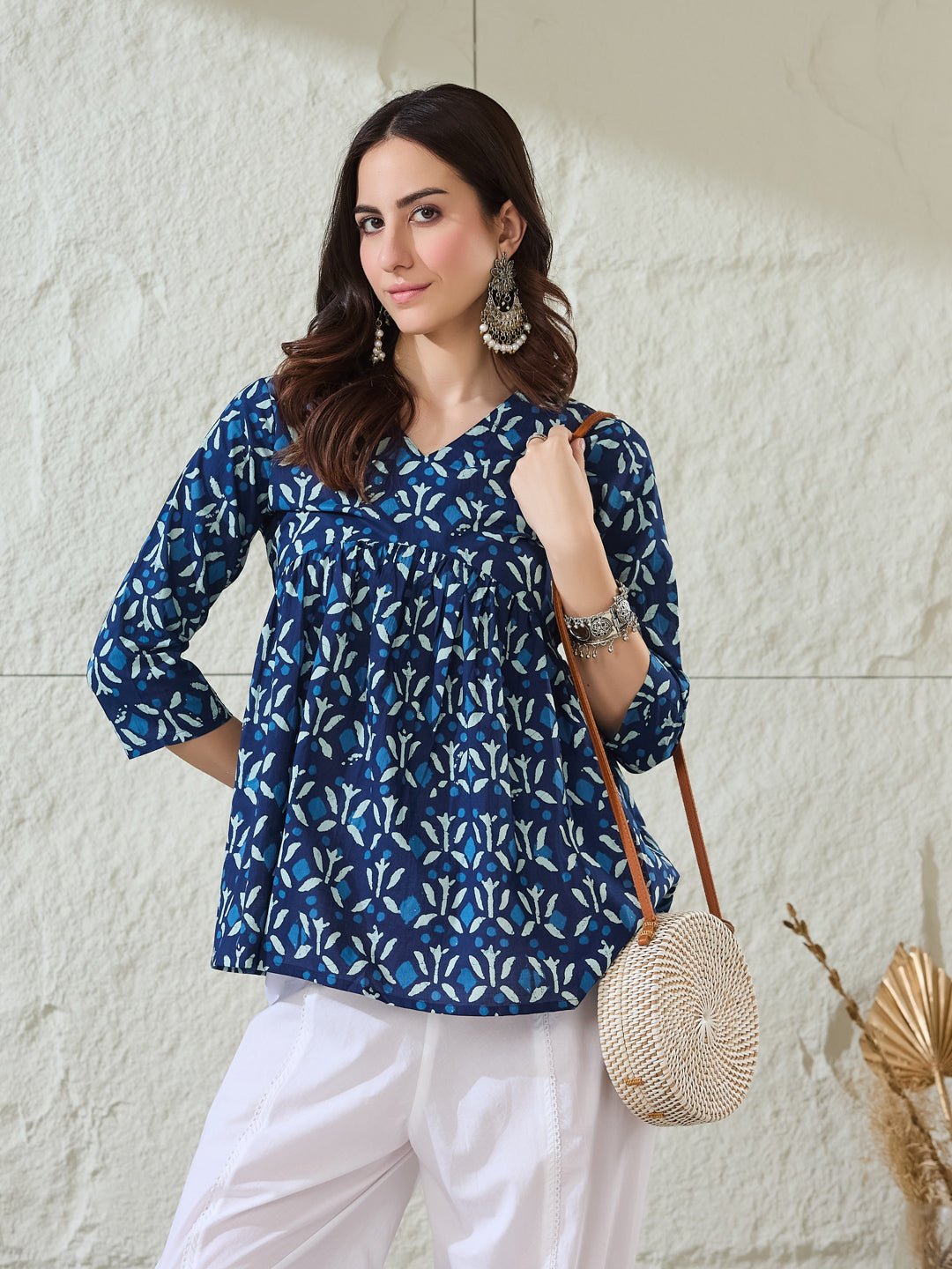 VASVI Women Cotton Printed Gather Top, Deep Blue