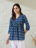 VASVI Women Cotton Printed Gather Top, Deep Blue