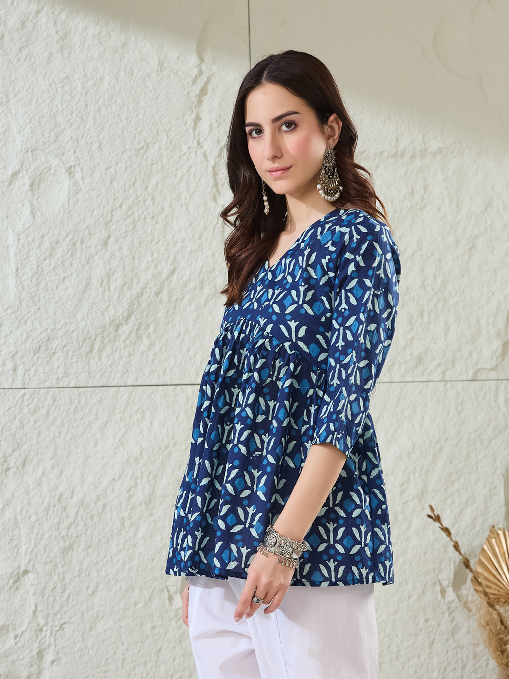 VASVI Women Cotton Printed Gather Top, Deep Blue