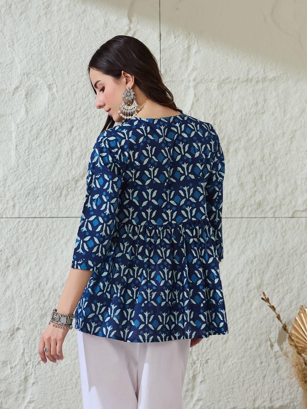 VASVI Women Cotton Printed Gather Top, Deep Blue