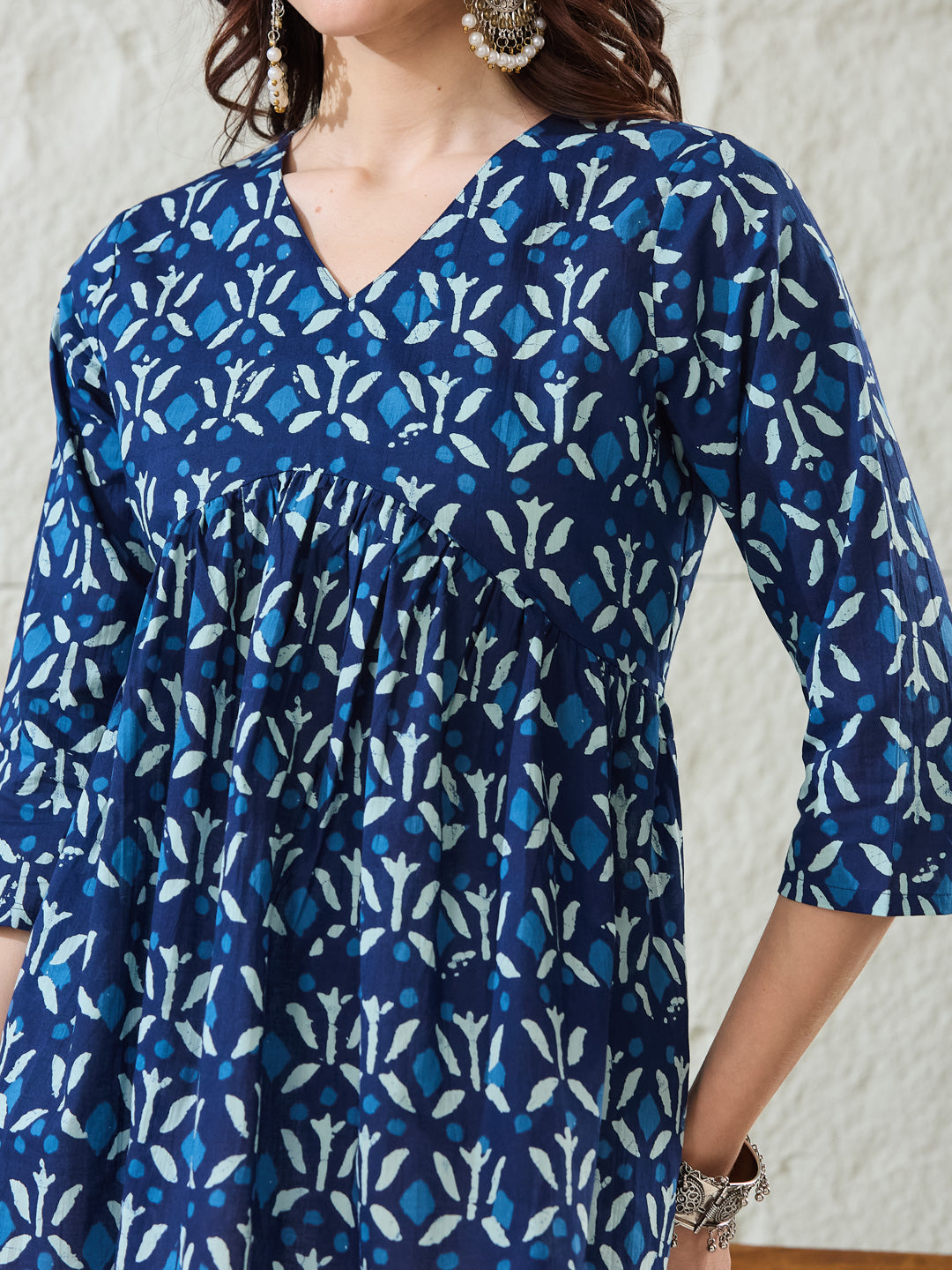 VASVI Women Cotton Printed Gather Top, Deep Blue