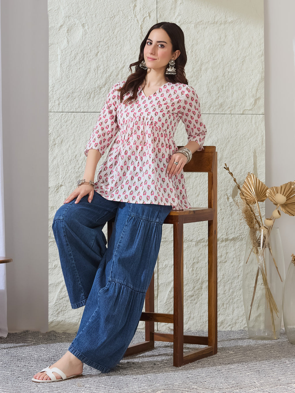 VASVI Women Cotton Printed Gather Top, Pink