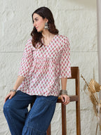 VASVI Women Cotton Printed Gather Top, Pink
