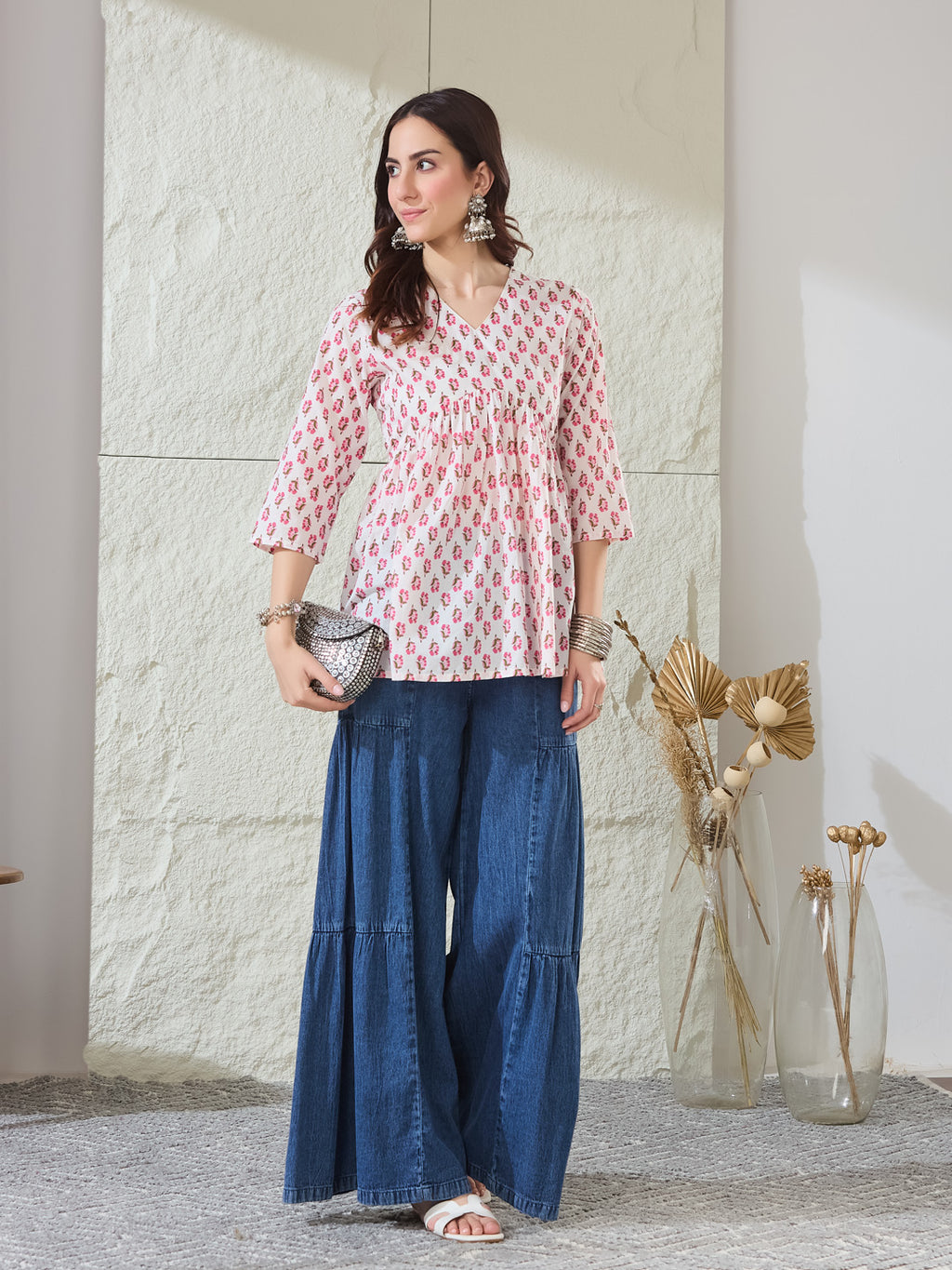 VASVI Women Cotton Printed Gather Top, Pink