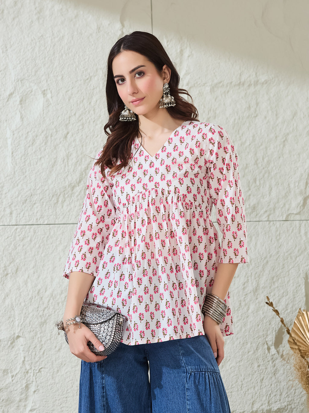 VASVI Women Cotton Printed Gather Top, Pink