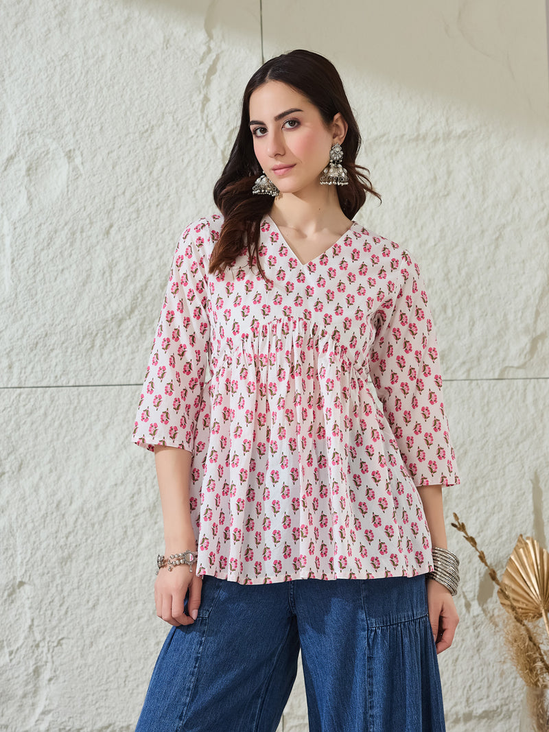 VASVI Women Cotton Printed Gather Top, Pink