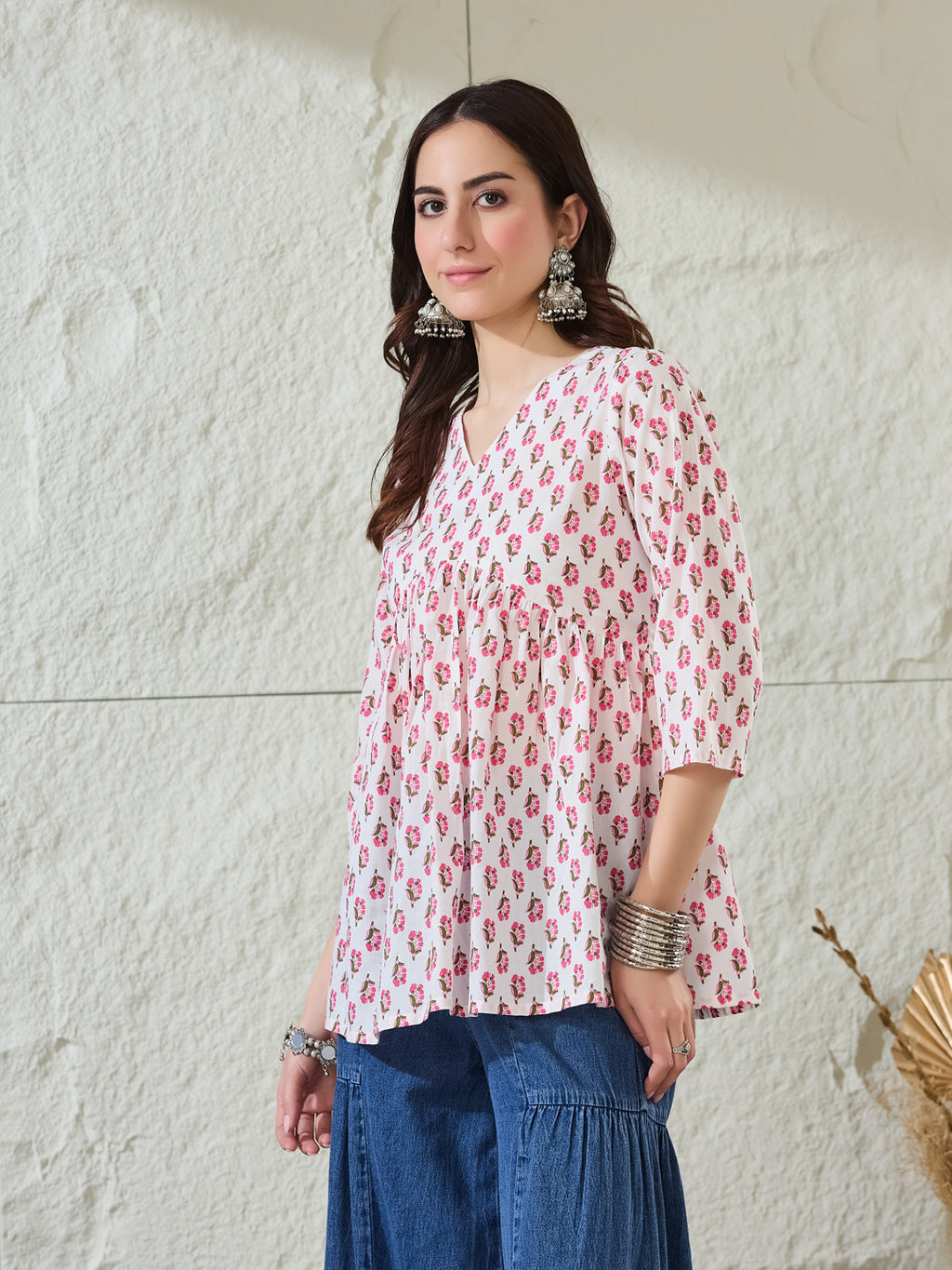 VASVI Women Cotton Printed Gather Top, Pink
