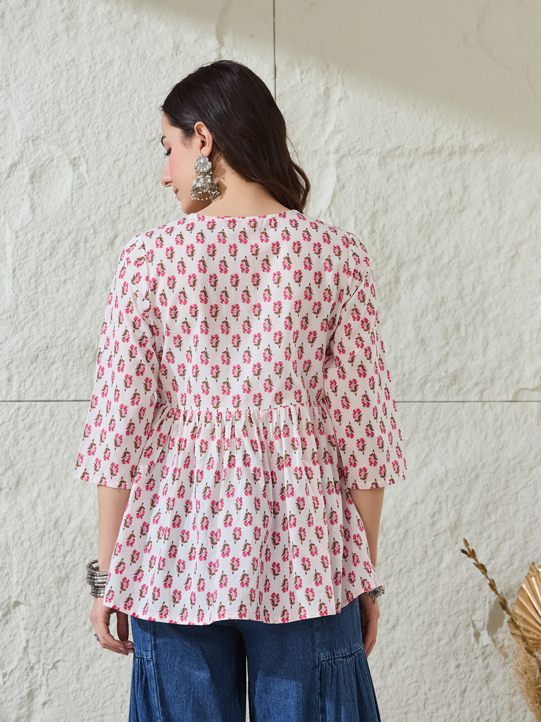 VASVI Women Cotton Printed Gather Top, Pink