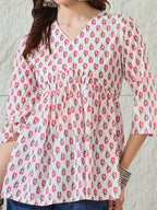 VASVI Women Cotton Printed Gather Top, Pink