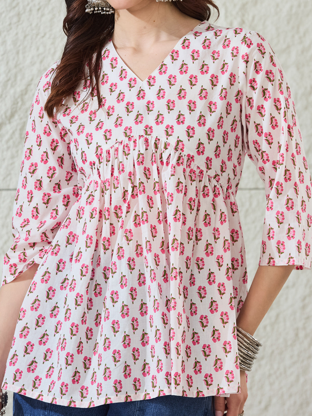 VASVI Women Cotton Printed Gather Top, Pink