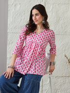 VASVI Women Cotton Printed Gather Top, Pink