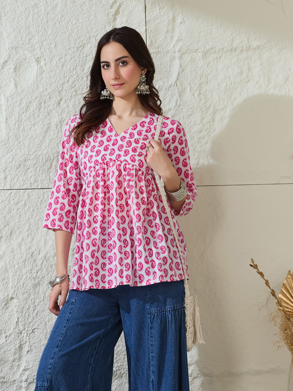 VASVI Women Cotton Printed Gather Top, Pink