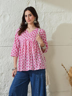 VASVI Women Cotton Printed Gather Top, Pink