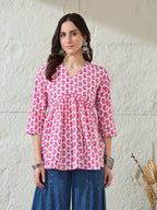 VASVI Women Cotton Printed Gather Top, Pink