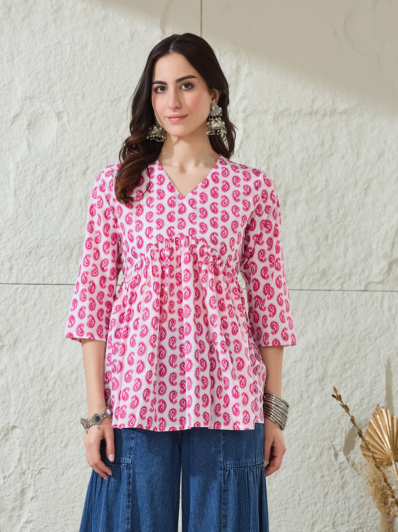 VASVI Women Cotton Printed Gather Top, Pink