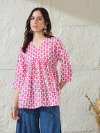 VASVI Women Cotton Printed Gather Top, Pink