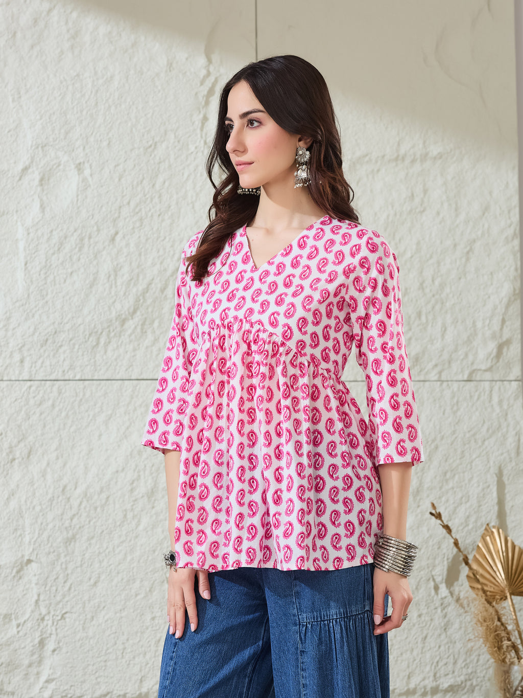 VASVI Women Cotton Printed Gather Top, Pink