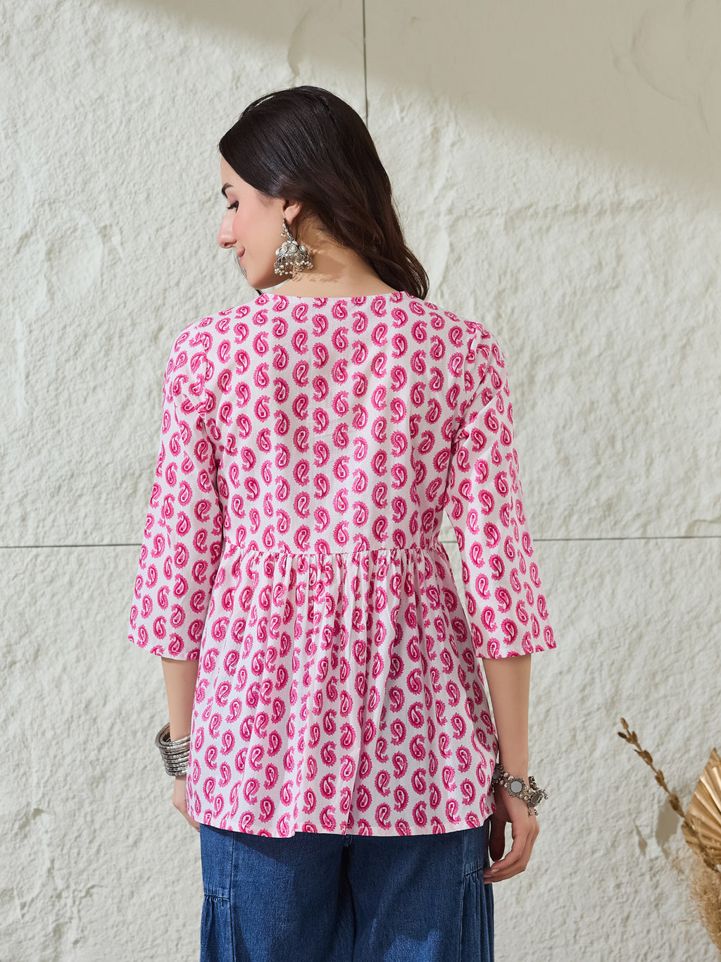 VASVI Women Cotton Printed Gather Top, Pink