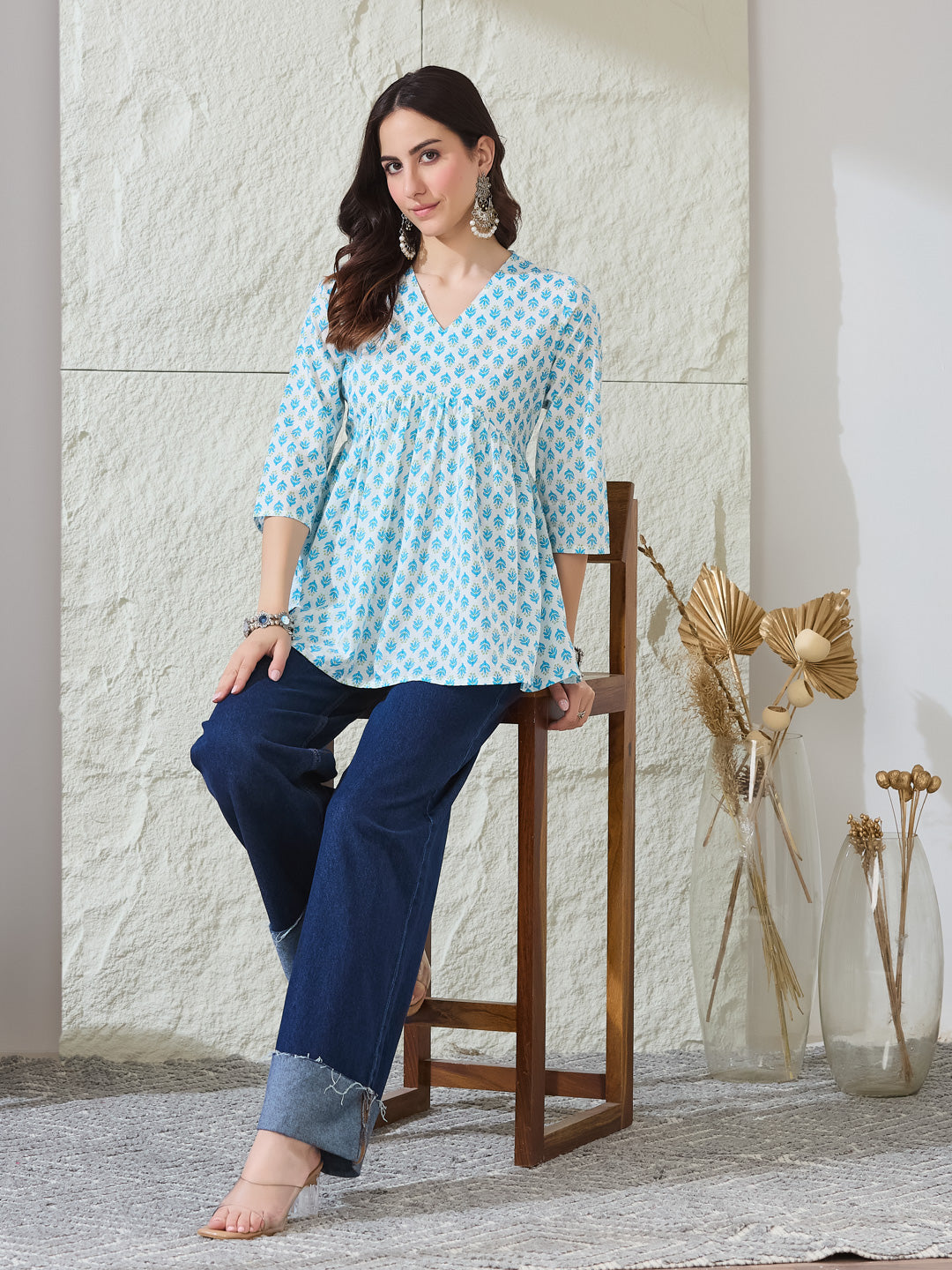 VASVI Women Cotton Printed Gather Top, White