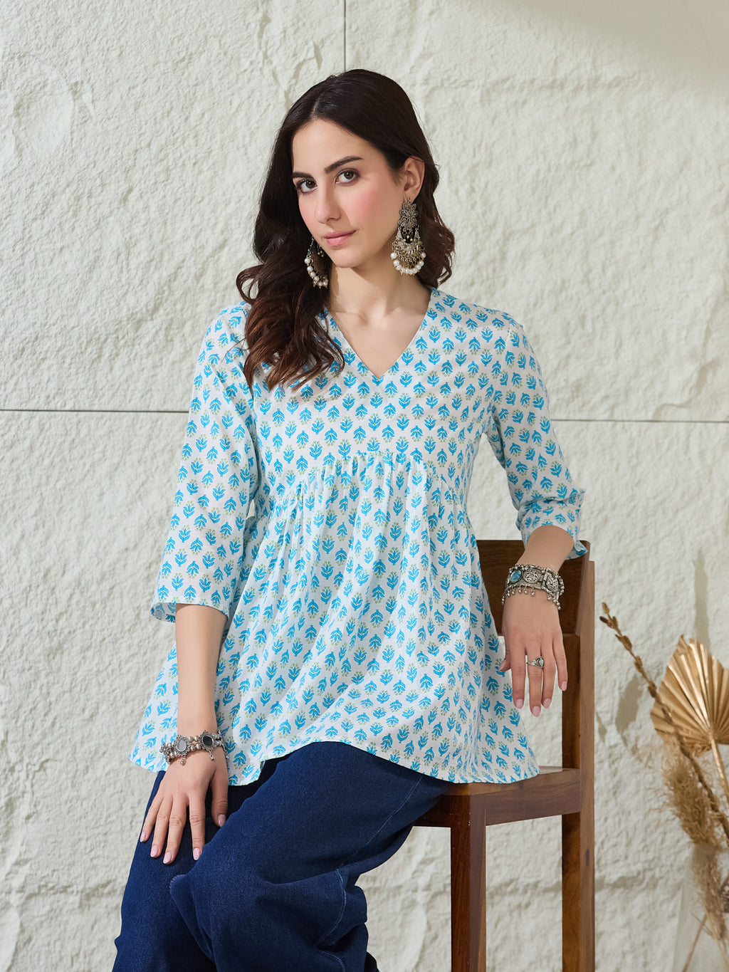 VASVI Women Cotton Printed Gather Top, White