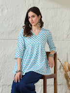 VASVI Women Cotton Printed Gather Top, White