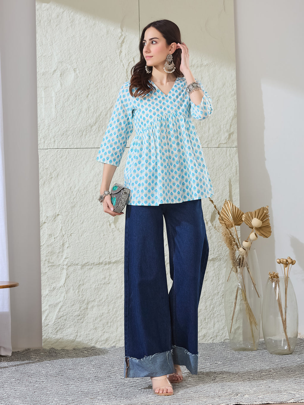 VASVI Women Cotton Printed Gather Top, White