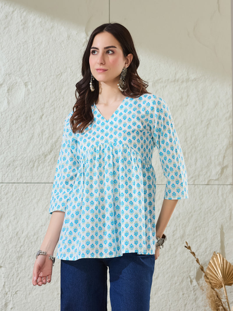 VASVI Women Cotton Printed Gather Top, White