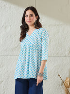 VASVI Women Cotton Printed Gather Top, White