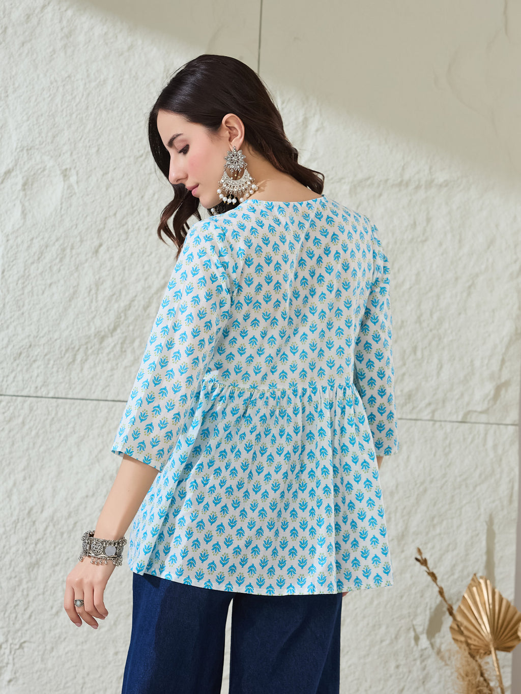 VASVI Women Cotton Printed Gather Top, White