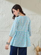 VASVI Women Cotton Printed Gather Top, White