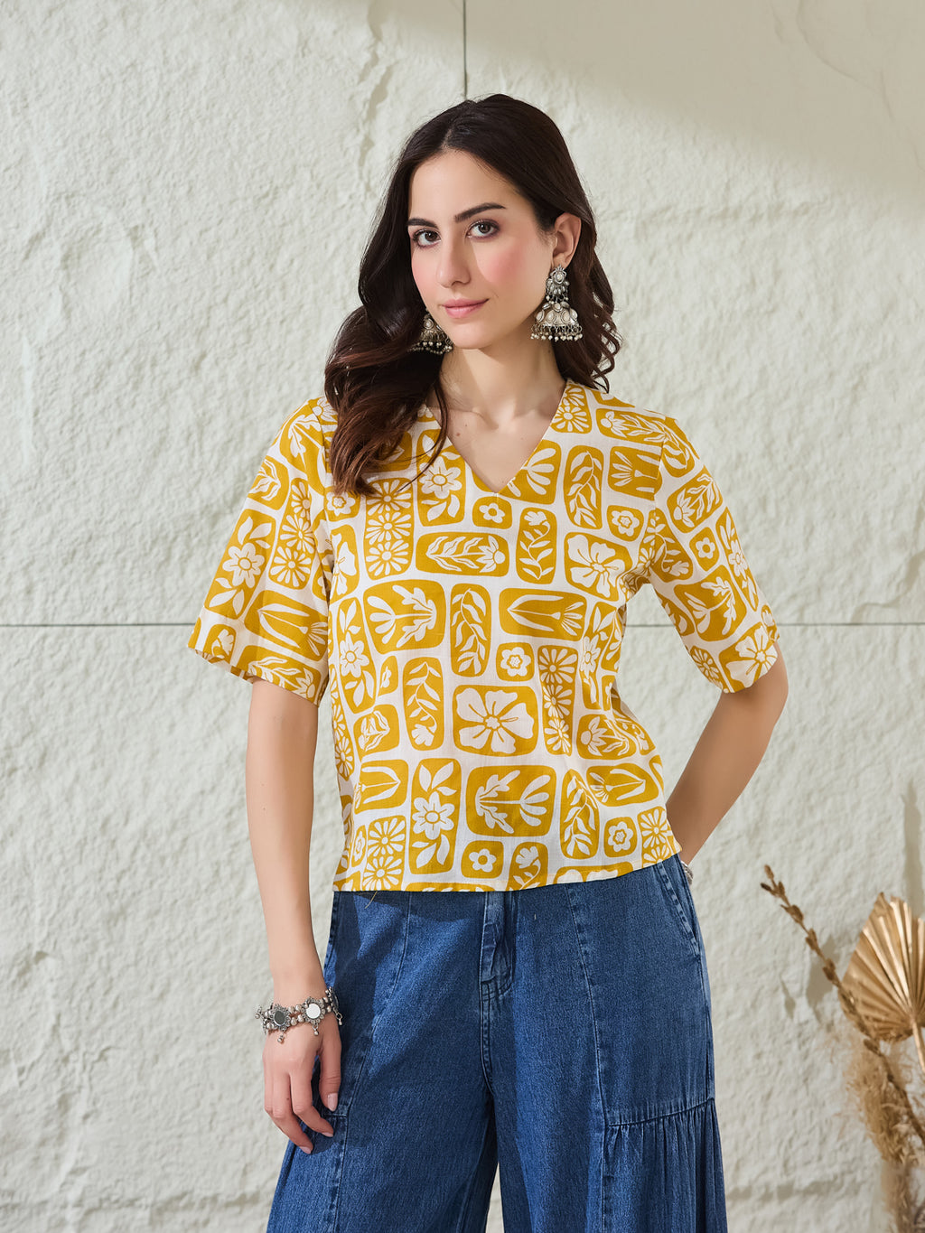 VASVI Women Rayon Printed Crop Top, Yellow