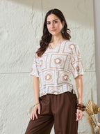 VASVI Women Rayon Printed Crop Top, Off White