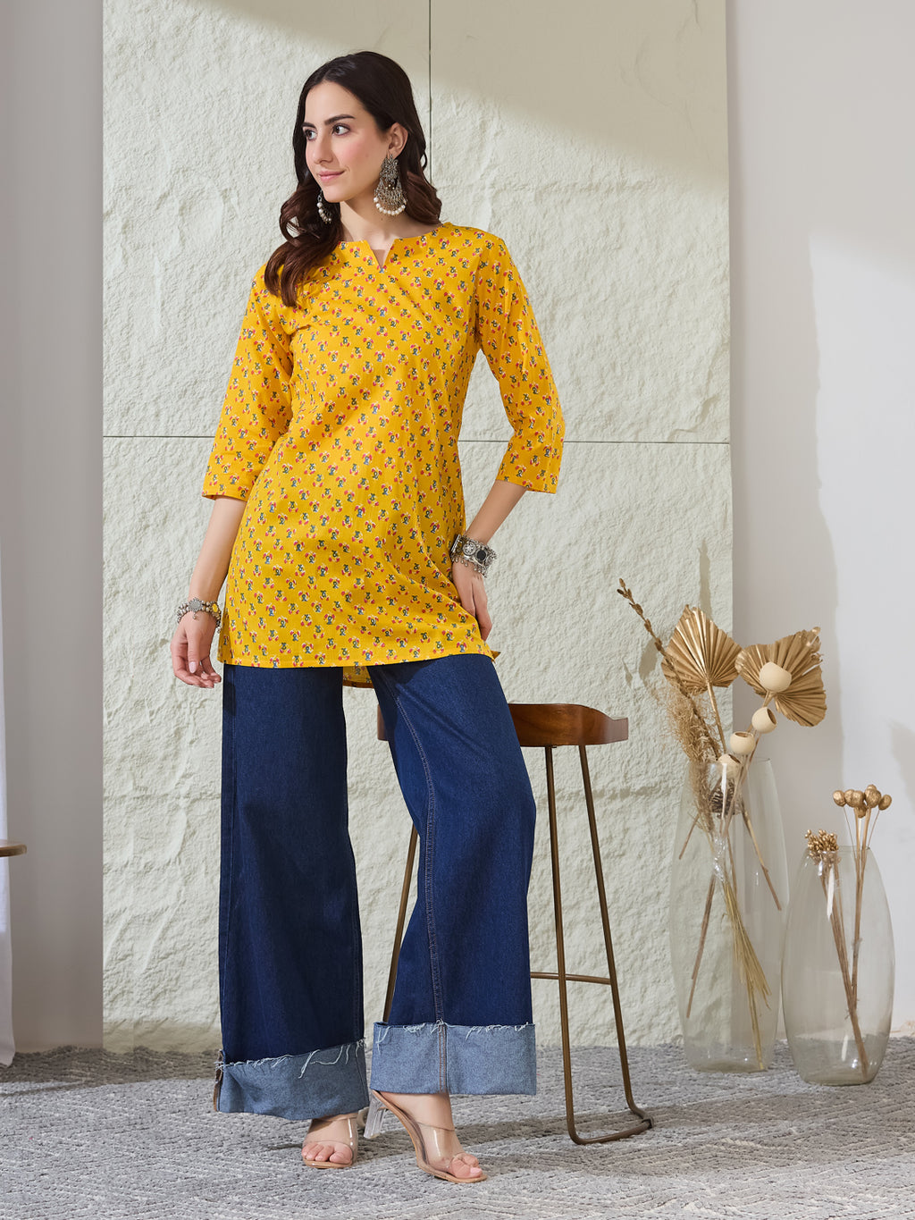 VASVI Women Cotton Floral Printed Top, Yellow