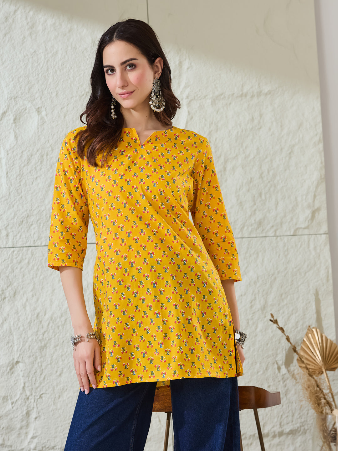 VASVI Women Cotton Floral Printed Top, Yellow