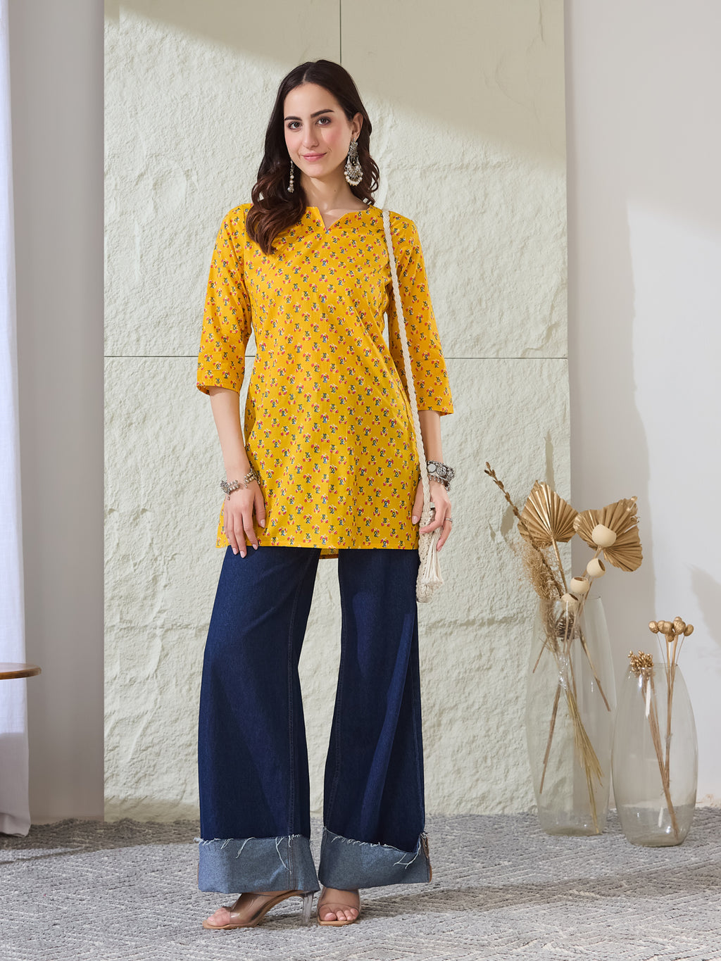 VASVI Women Cotton Floral Printed Top, Yellow