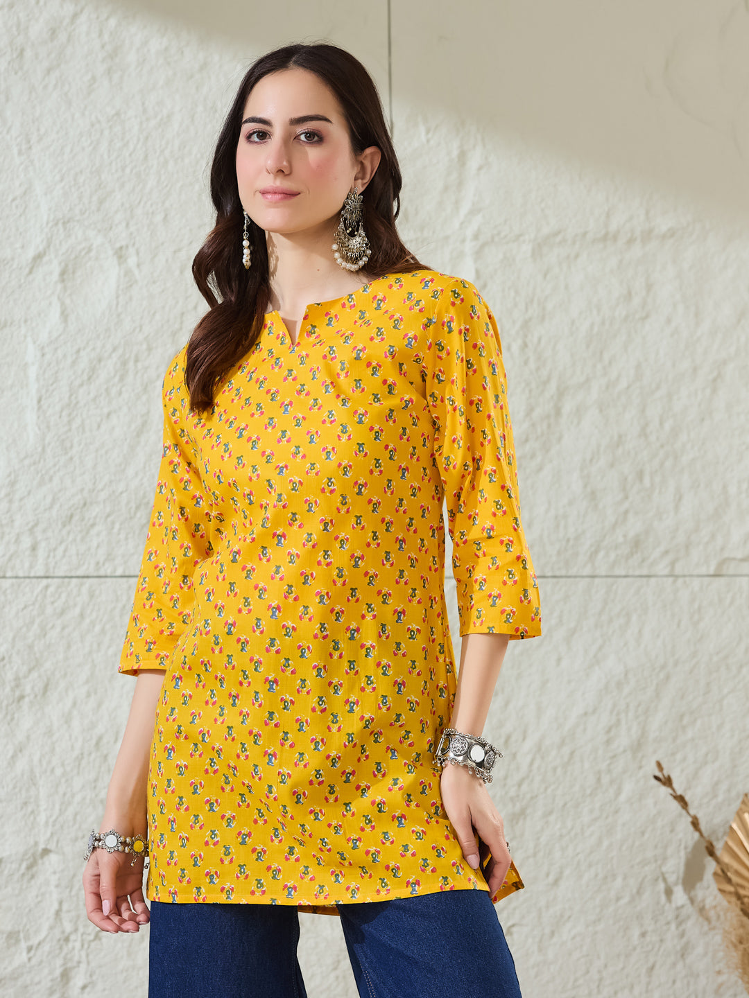 VASVI Women Cotton Floral Printed Top, Yellow